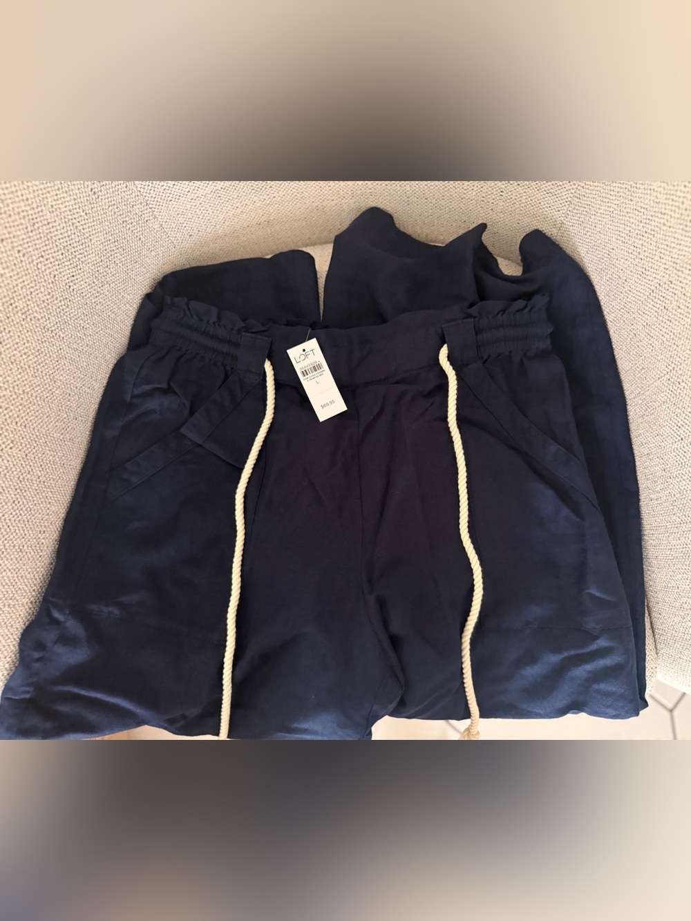 LOFT Navy Wide Leg Pants with Cream Drawstring